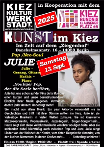 Plakat für Kunst im Kiez 2025 - Julie am 13. September