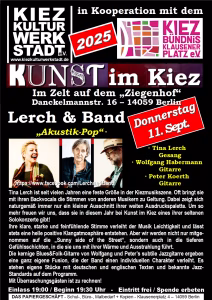 Plakat für Kunst im Kiez 2025 - Lerch & Band am 10. September